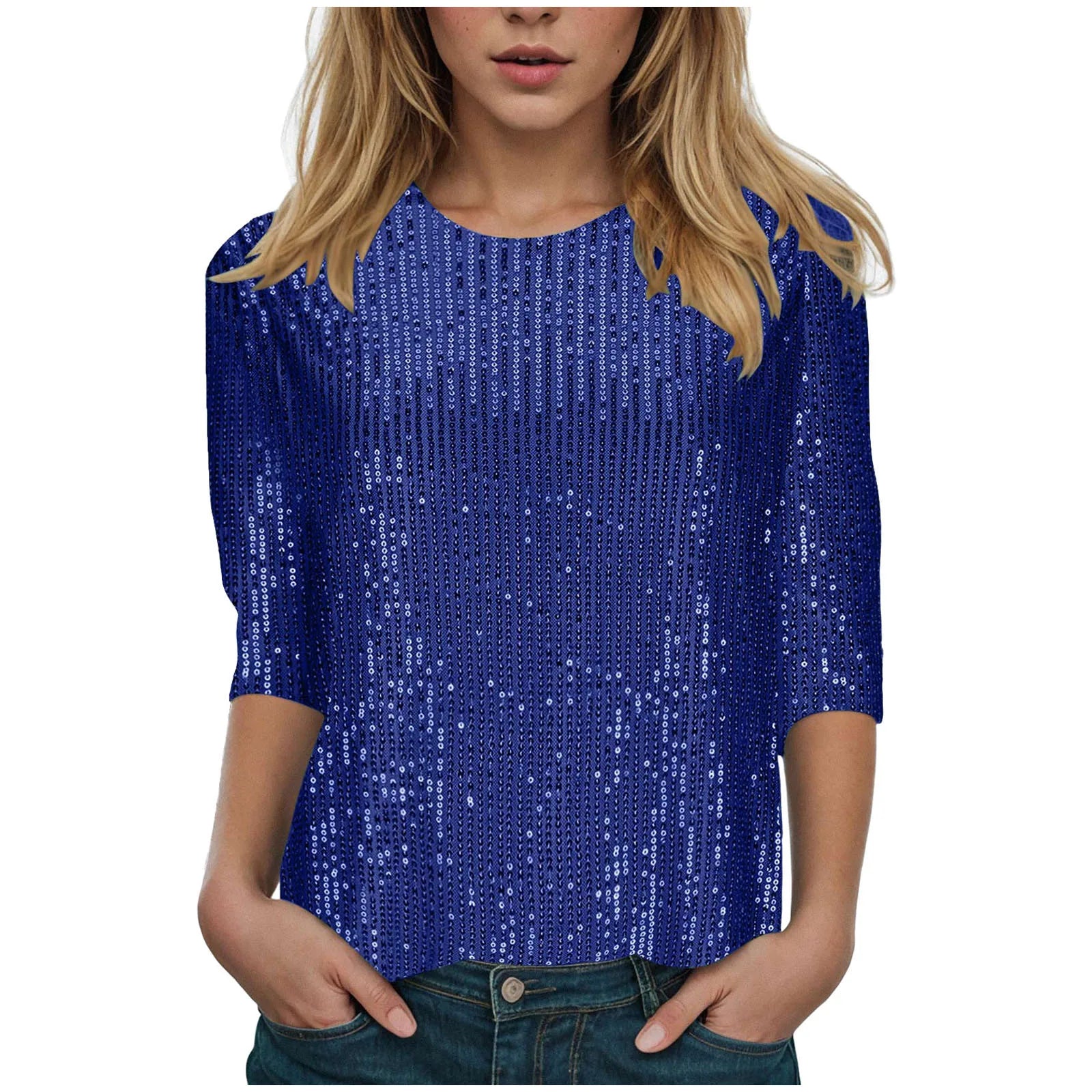 Women's Casual Shiny Sequins Round Neck Quarter Sleeve Glitter Loose Shirts Clubwear Shirt...