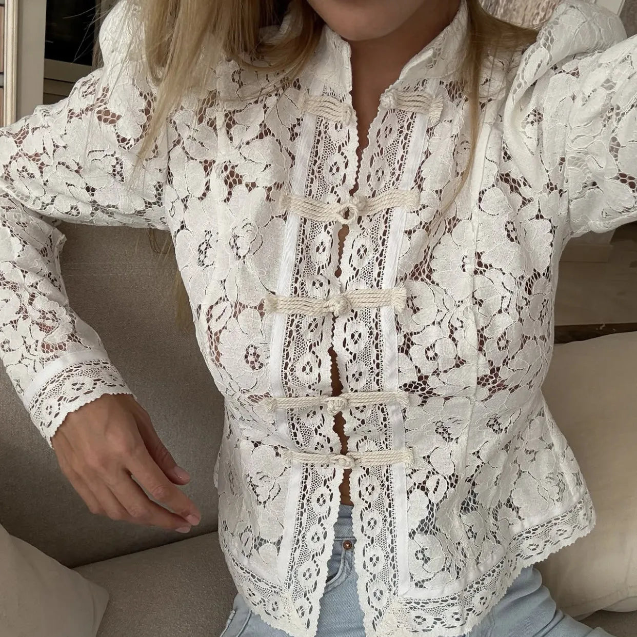 Elegant White Lace Printed Short Tops For Women Vintage Patchwork Hollow Out See-through Blouse Spring Fall Lady Shrug Shirt
