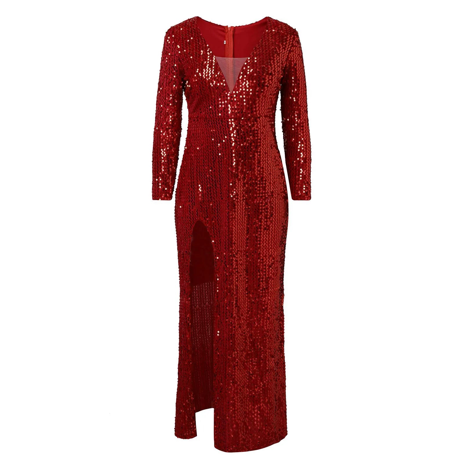 Women's Sexy Deep V-Neck Long-Sleeved Sequined Slit Slim-Fit Long Dress...