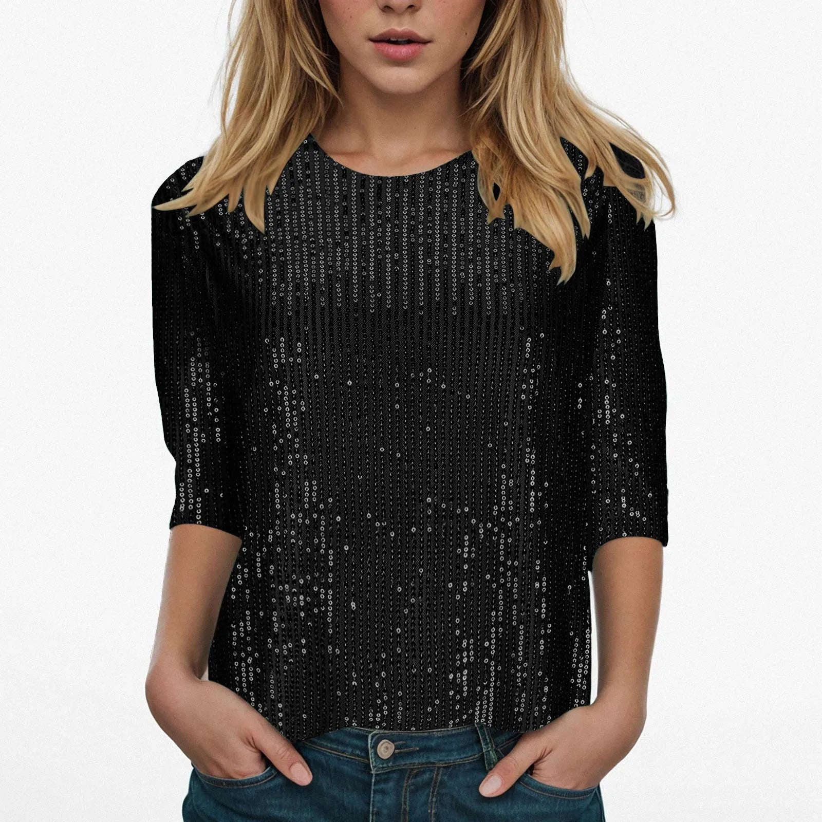 Women's Casual Shiny Sequins Round Neck Quarter Sleeve Glitter Loose Shirts Clubwear Shirt...
