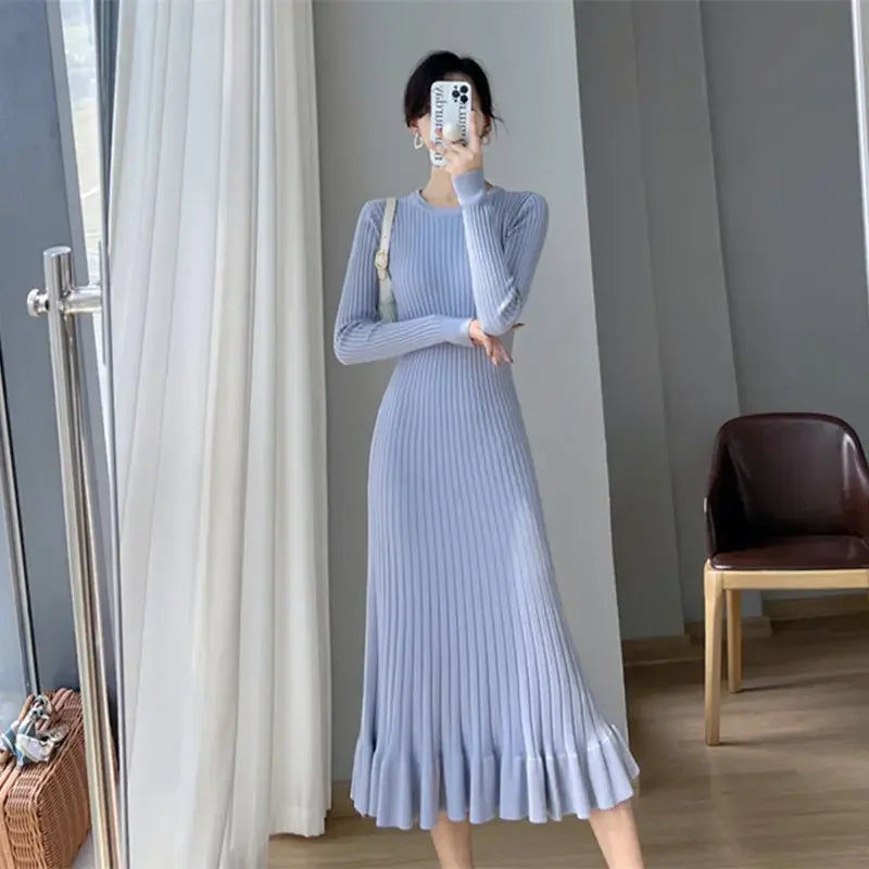 Women's Knit Long Knee-Length Ruffle Edge Fish Tail Dress Smooth Slimming Sweater Dress...
