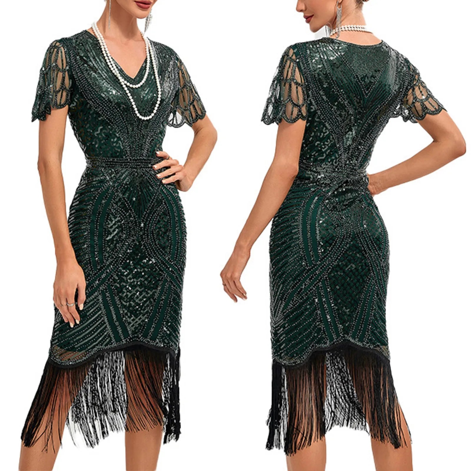 Women's 1920s Vintage Tassels Hem Beaded Sequin Great Gatsby Flapper Dress Great For Evening Out and Cocktail Parties