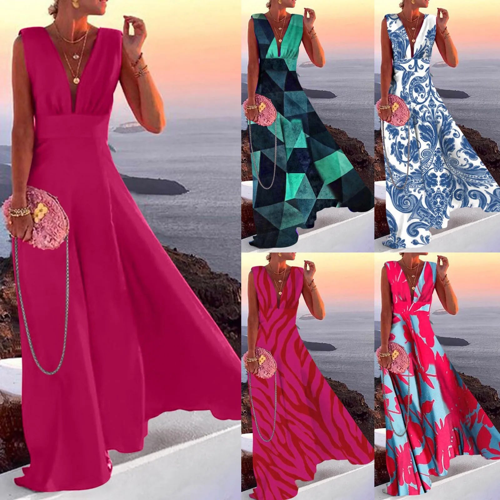 Women's Beautiful Pink A Line V Neck Sleeveless, High Waist, Elegant Holiday Long Dresses...........................