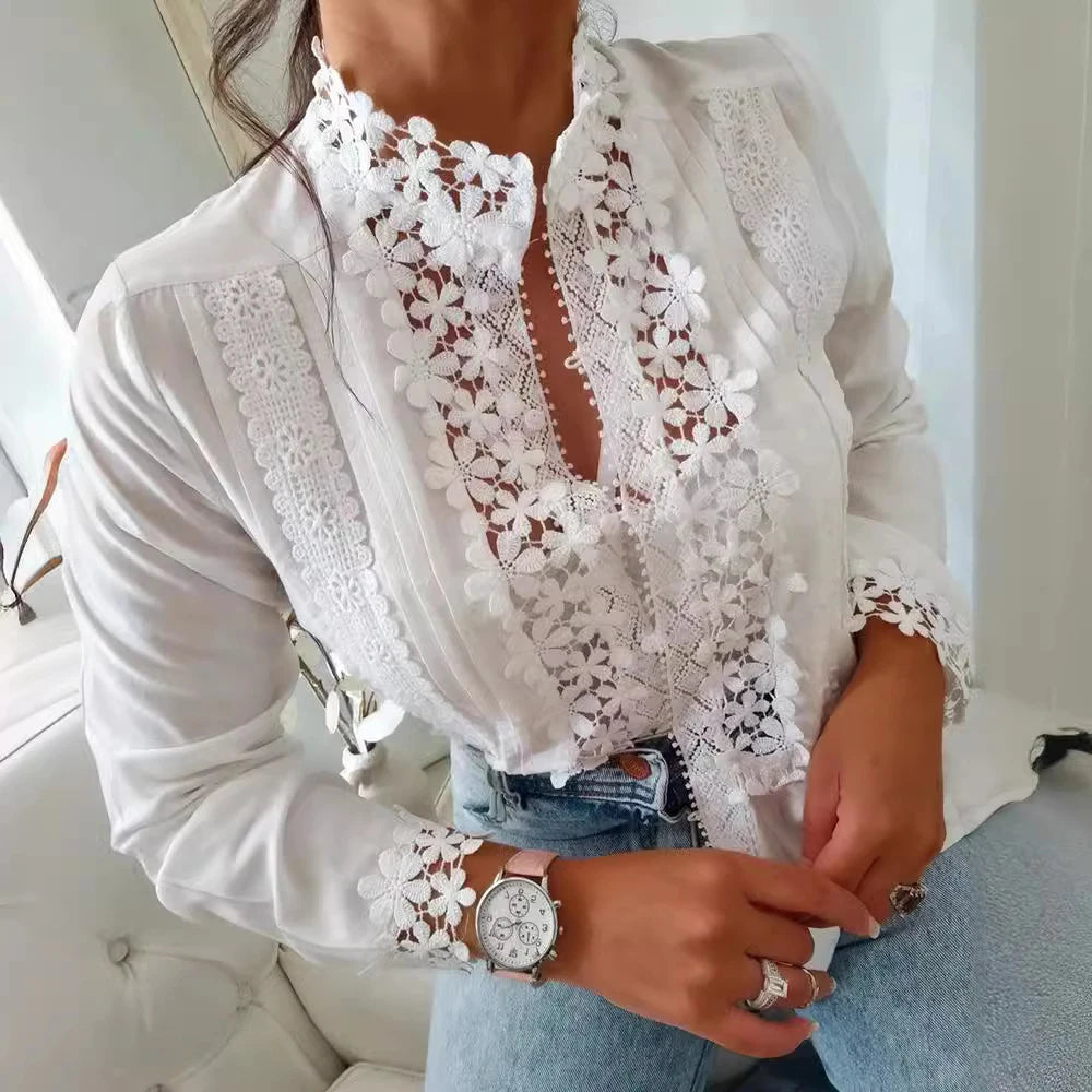 New Women's Lace Solid Color Elegant/Casual Floral Stitching Long Sleeve Top's For Spring/Summer