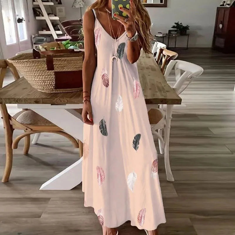 Hot Women's Sleeveless Slim Fit, Feather Print Low Cut Long Dress And V-Neck With Spaghetti Strap...