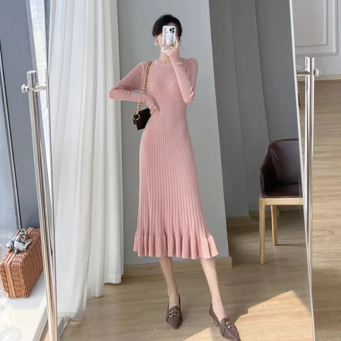 Women's Knit Long Knee-Length Ruffle Edge Fish Tail Dress Smooth Slimming Sweater Dress...
