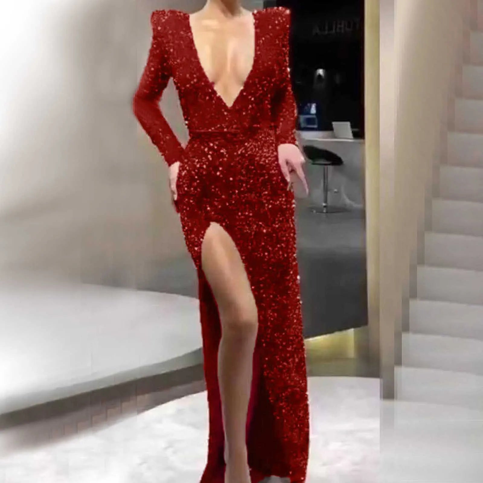 Women's Sexy Deep V-Neck Long-Sleeved Sequined Slit Slim-Fit Long Dress...