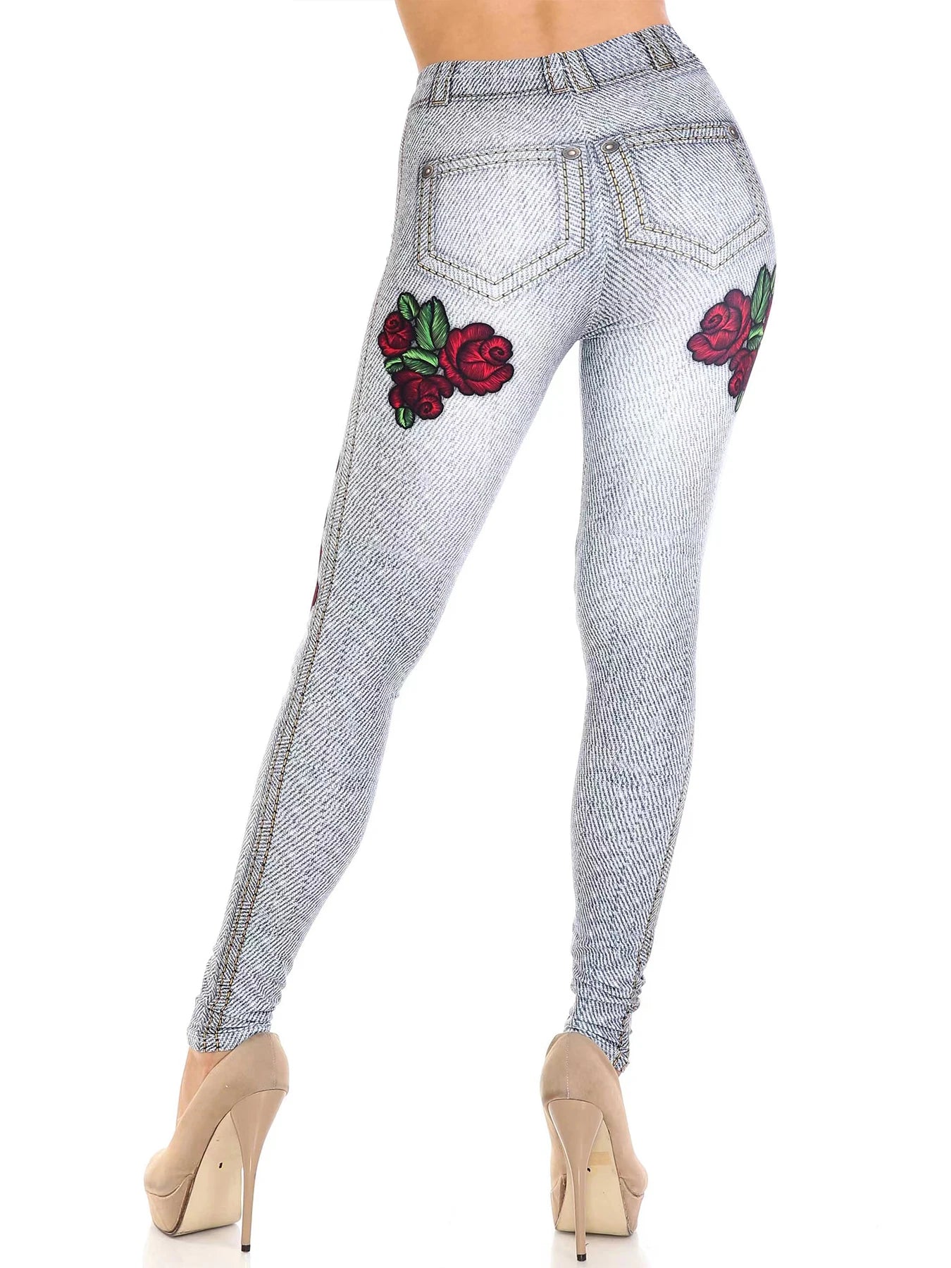 Women's New Sexy High-waisted Imitation Denim, Elastic Rose Nine-point Leggings...