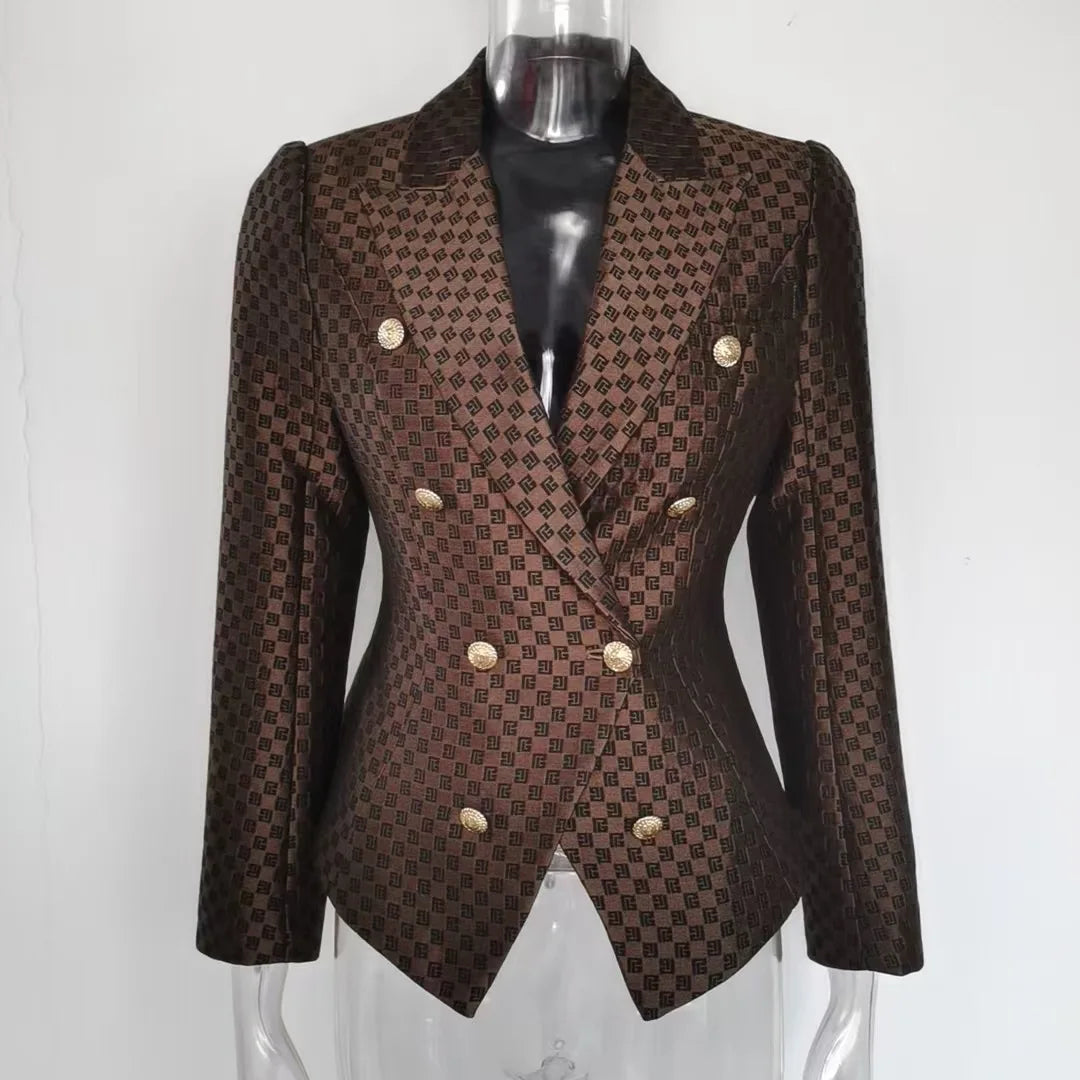 Women's Dark Brown Eight-Button Shoulder Pad Waist Cinching Fashion Blazer Jacquard...