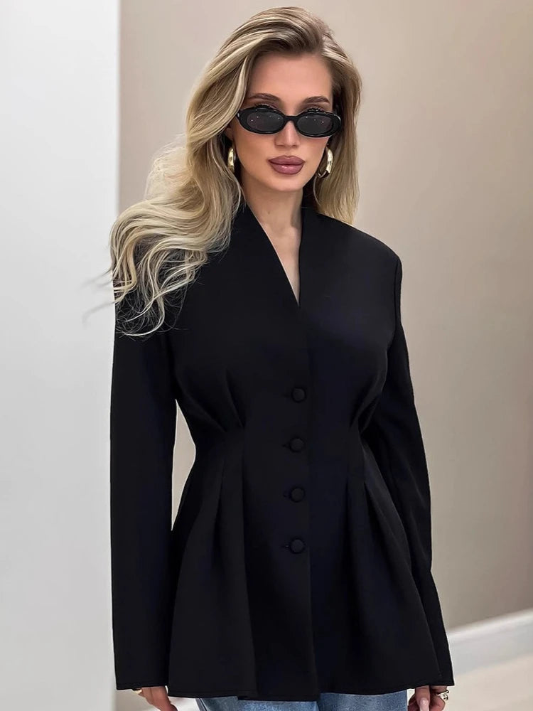 Women's Elegant V-neck Tunics Black Long Sleeve Single Breasted Slim Blazers...