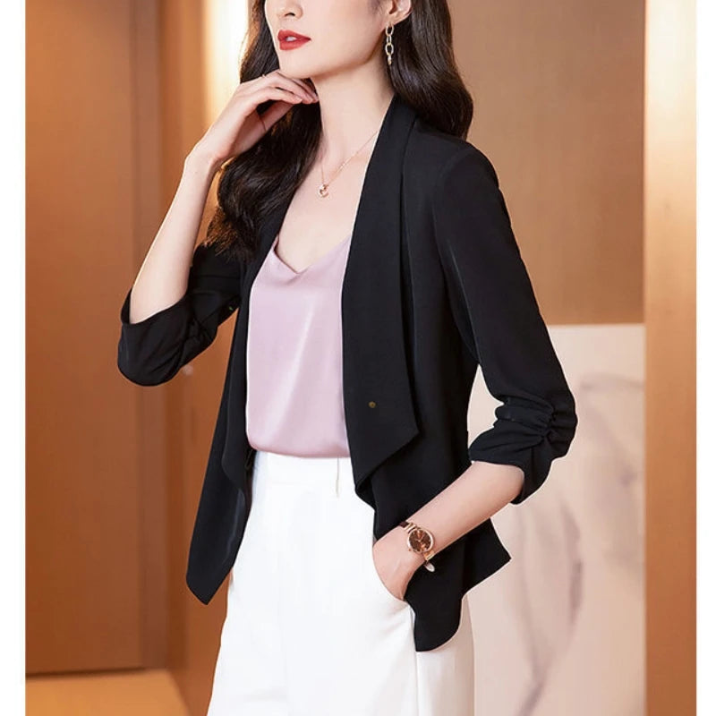 Women's New Spring and Autumn Commuting Minimalist Versatile Chiffon Three Quarter Slim Fit Solid Color Lapel Coat...