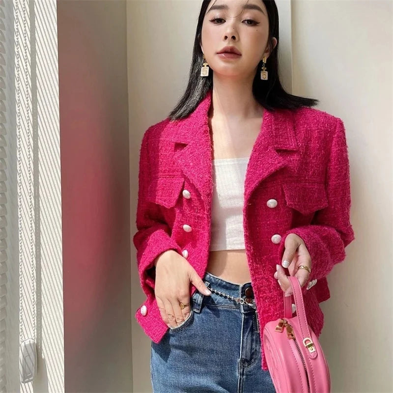 Women's New Autumn Long Sleeve Tweed Double-breasted Blazers Jacket...