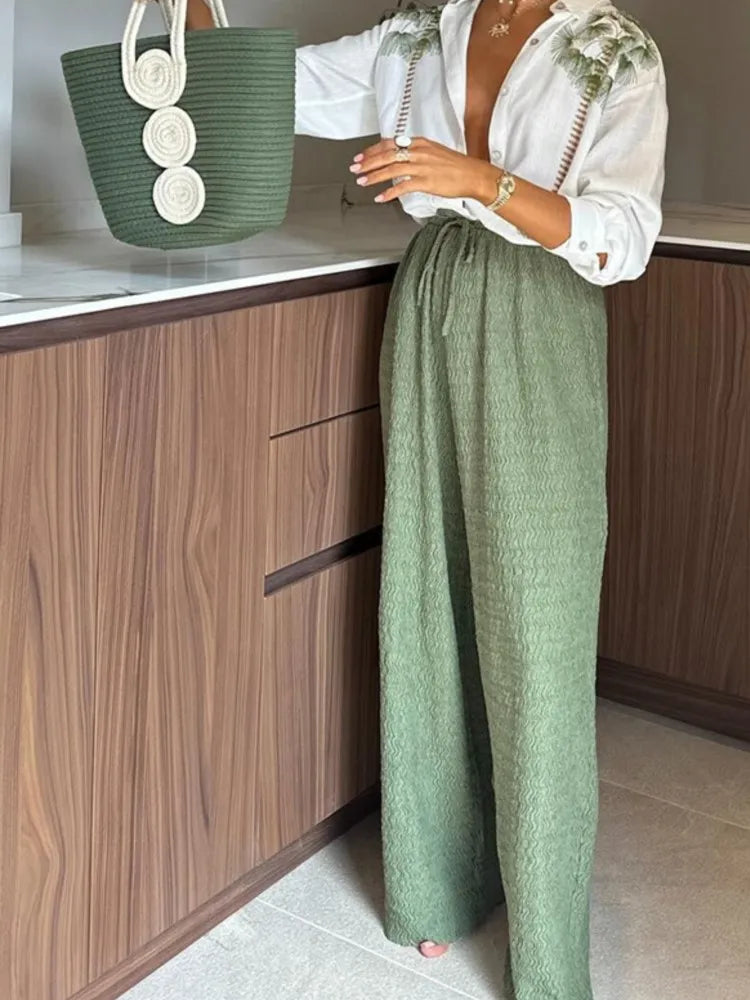 Womens Long Sleeved Shirt With Loose Thin Wide Leg Pants and Printed Lapel A Niche Design  Blouse Suits