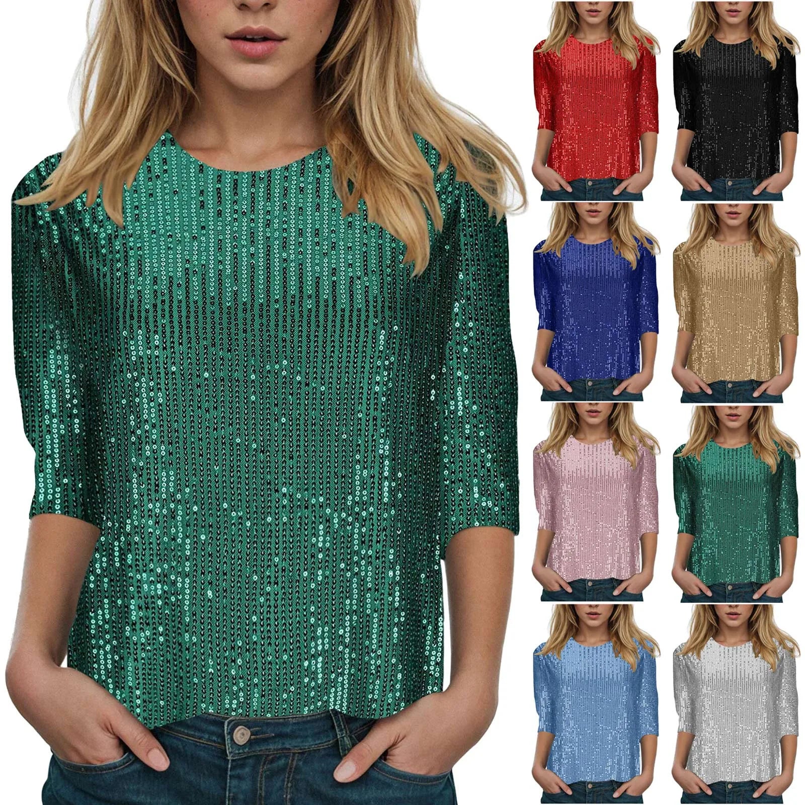 Women's Casual Shiny Sequins Round Neck Quarter Sleeve Glitter Loose Shirts Clubwear Shirt...