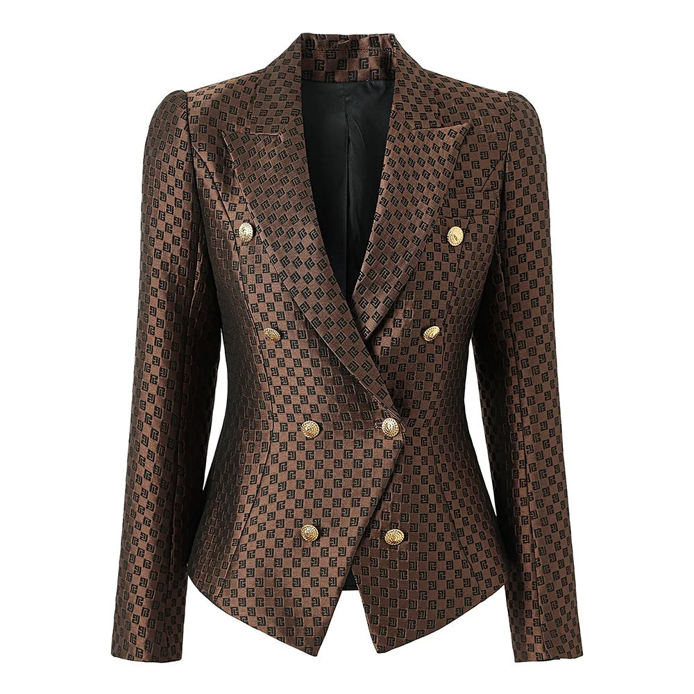 Women's Dark Brown Eight-Button Shoulder Pad Waist Cinching Fashion Blazer Jacquard...