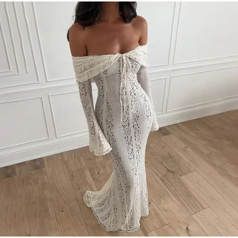 New! Women's Sexy White Luxury Long, Hollow Out Lace With Backless See-Through Slim Lace-Up Maxi Dress...