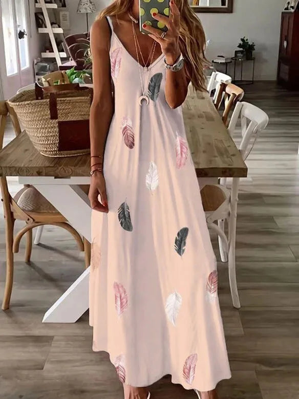 Hot Women's Sleeveless Slim Fit, Feather Print Low Cut Long Dress And V-Neck With Spaghetti Strap...
