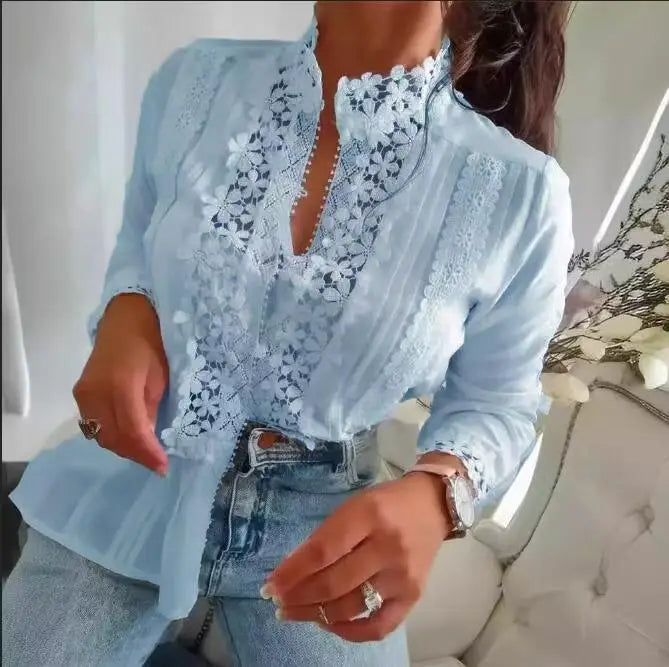 New Women's Lace Solid Color Elegant/Casual Floral Stitching Long Sleeve Top's For Spring/Summer