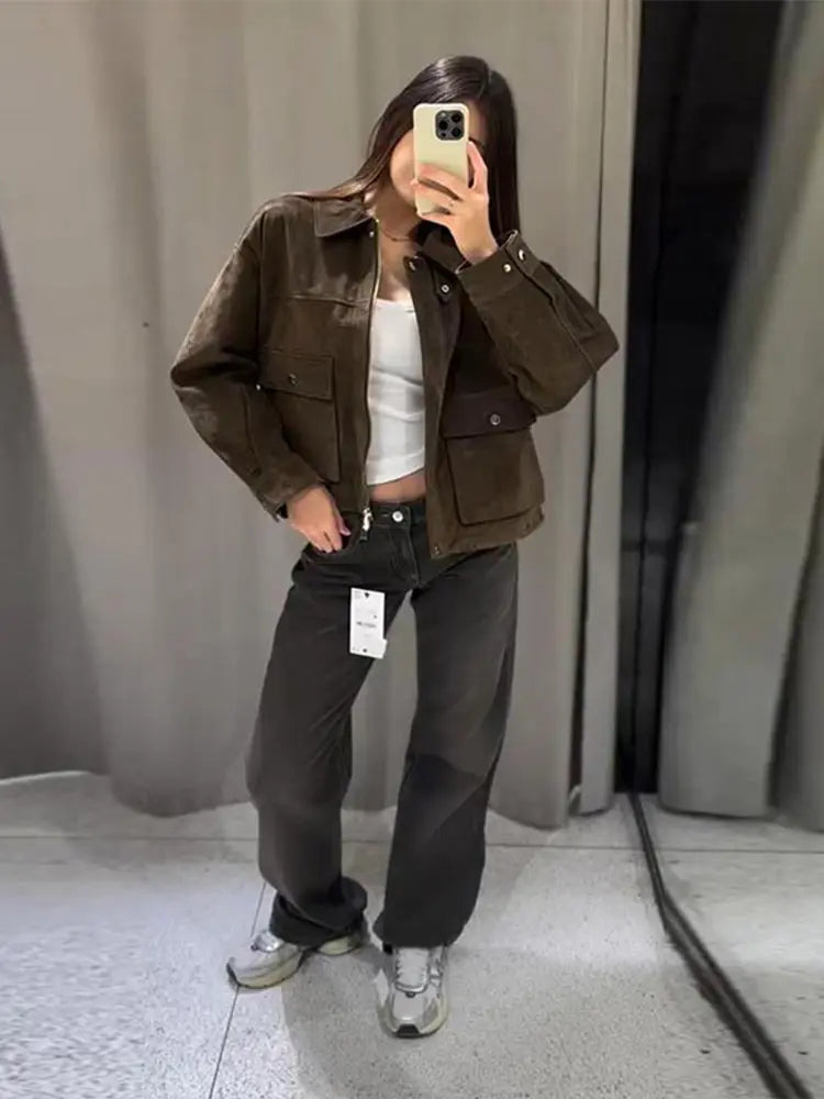 Women's Vintage Chic Casual Warm Suede Jackets, Lapel Zipper, Long Sleeves, With Pockets Autumn Winter Coats...