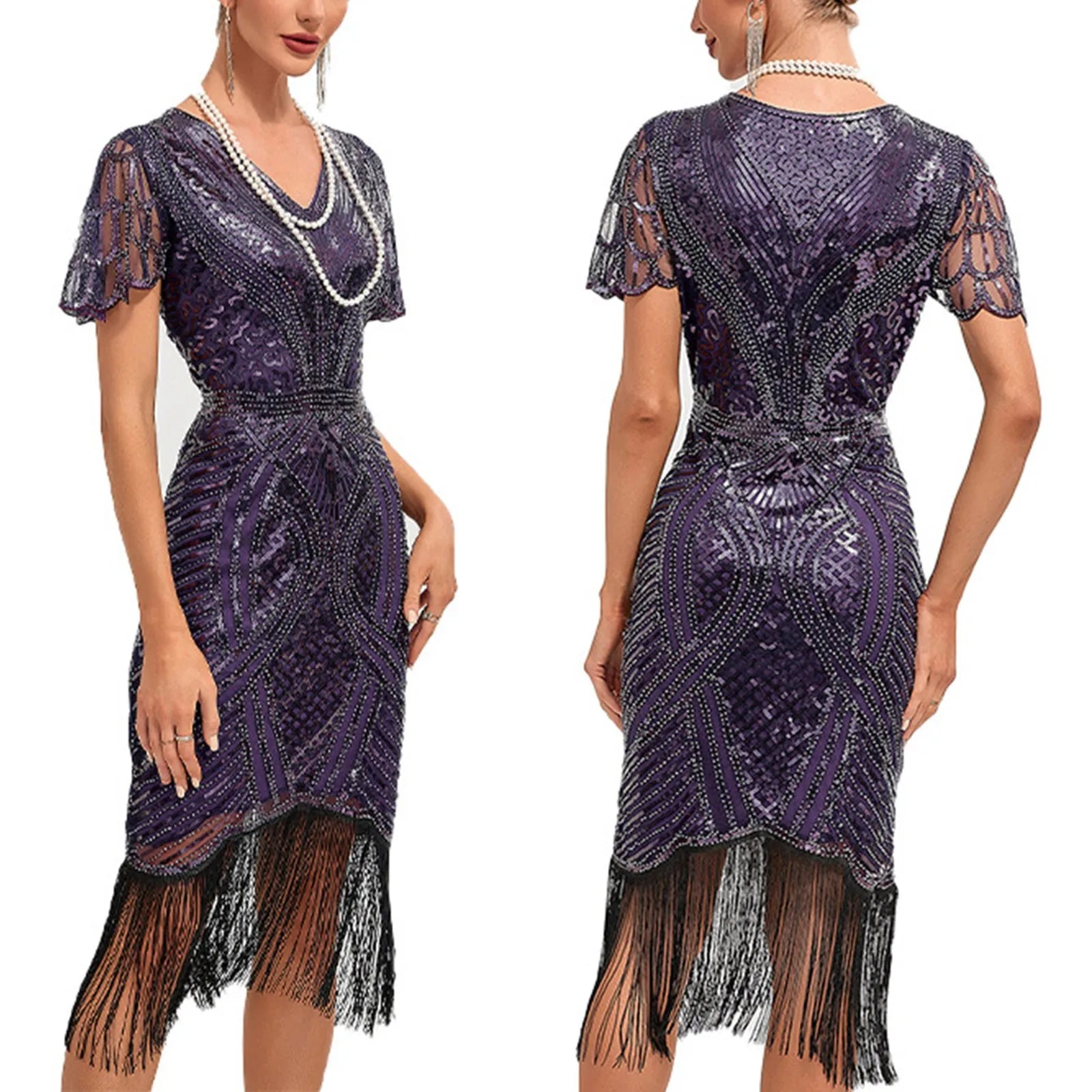 Women's 1920s Vintage Tassels Hem Beaded Sequin Great Gatsby Flapper Dress Great For Evening Out and Cocktail Parties