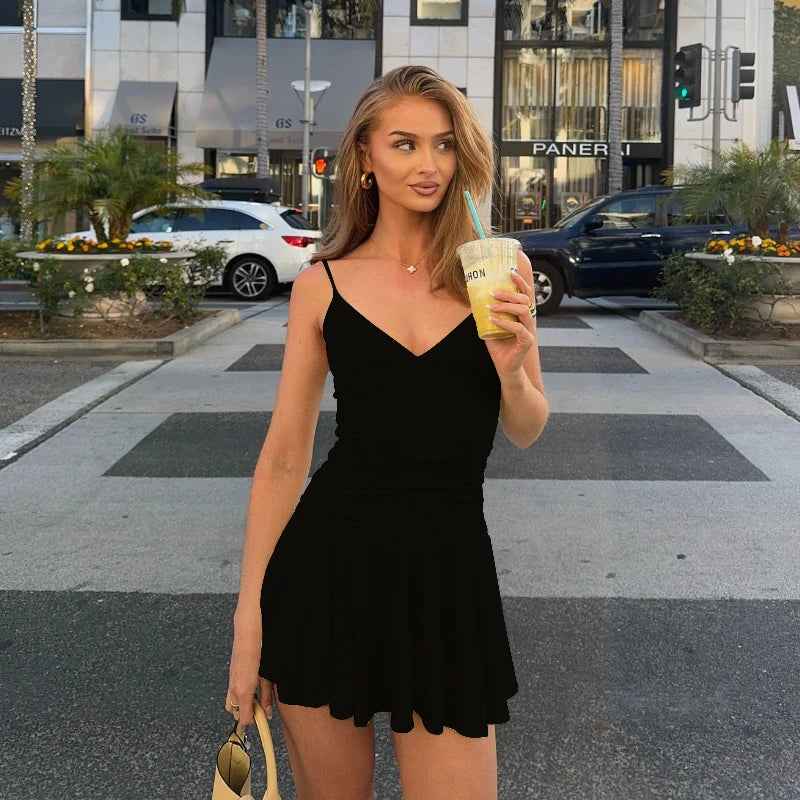 New Womens Summer Sexy Candy hot Solid V-Neck Backless Ruffled Hem Casual Spaghetti Strap Dress...