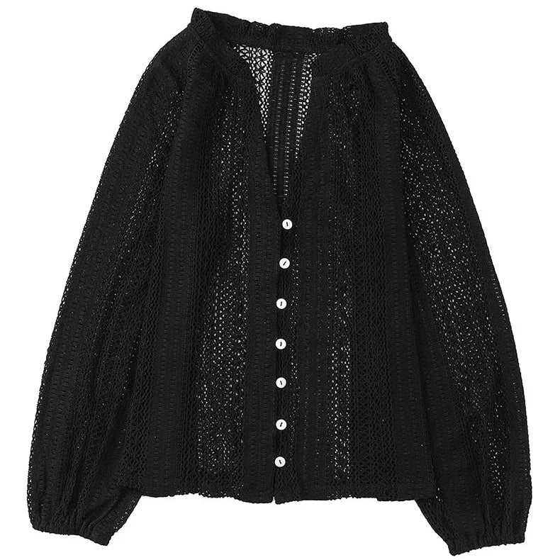 Women's Elegant Boho Casual Vintage Long Sleeve Summer Beach Hollow Out Lace Blouse...