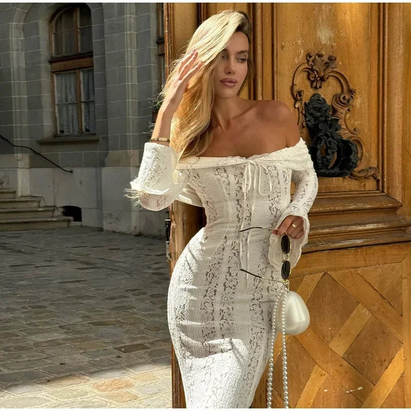 New! Women's Sexy White Luxury Long, Hollow Out Lace With Backless See-Through Slim Lace-Up Maxi Dress...