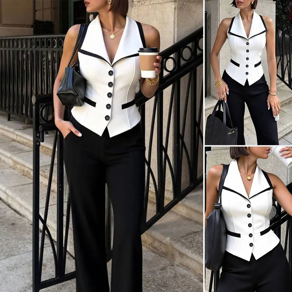 Mia Muse Boutique, Summer Women's Vests Chic Sleeveless Contrast Trim Button Front Notched Collar Urban Tops