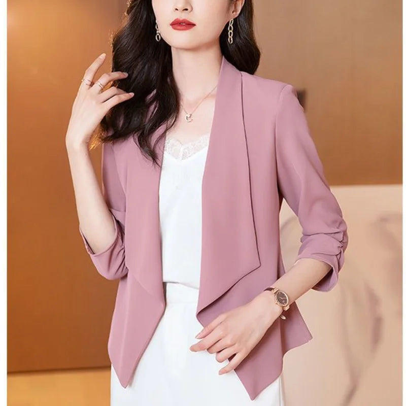Women's New Spring and Autumn Commuting Minimalist Versatile Chiffon Three Quarter Slim Fit Solid Color Lapel Coat...