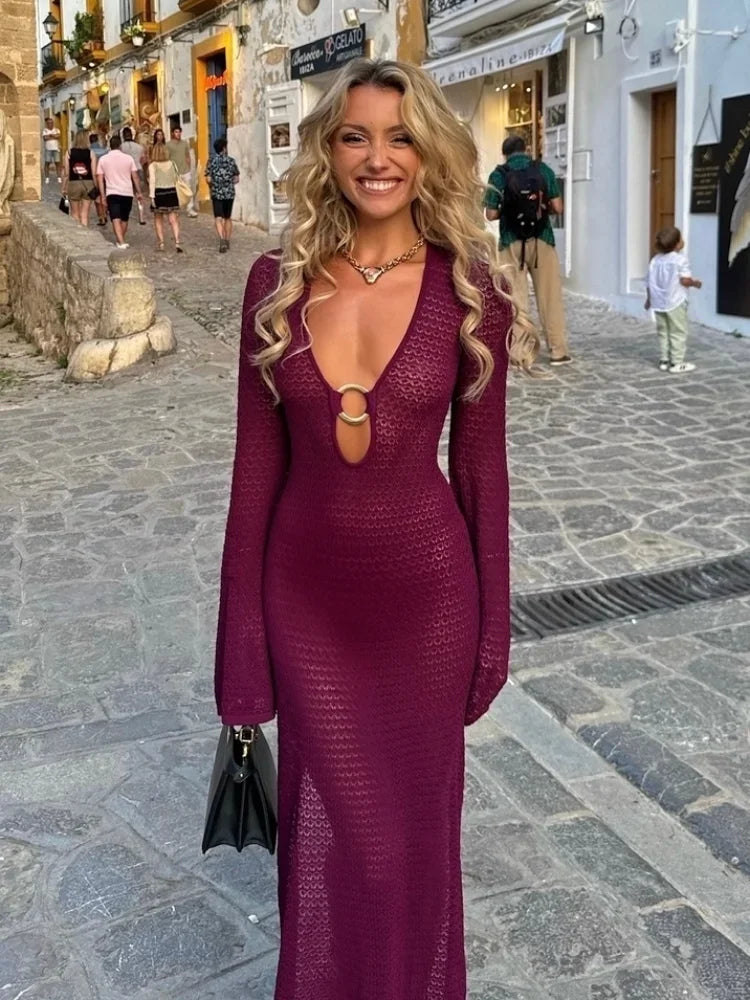 Sexy Lady's Metal Ring Splicing Women's V-neck Split Chic Crochet Dress  With Flared Sleeve. Great For Beach Vacation