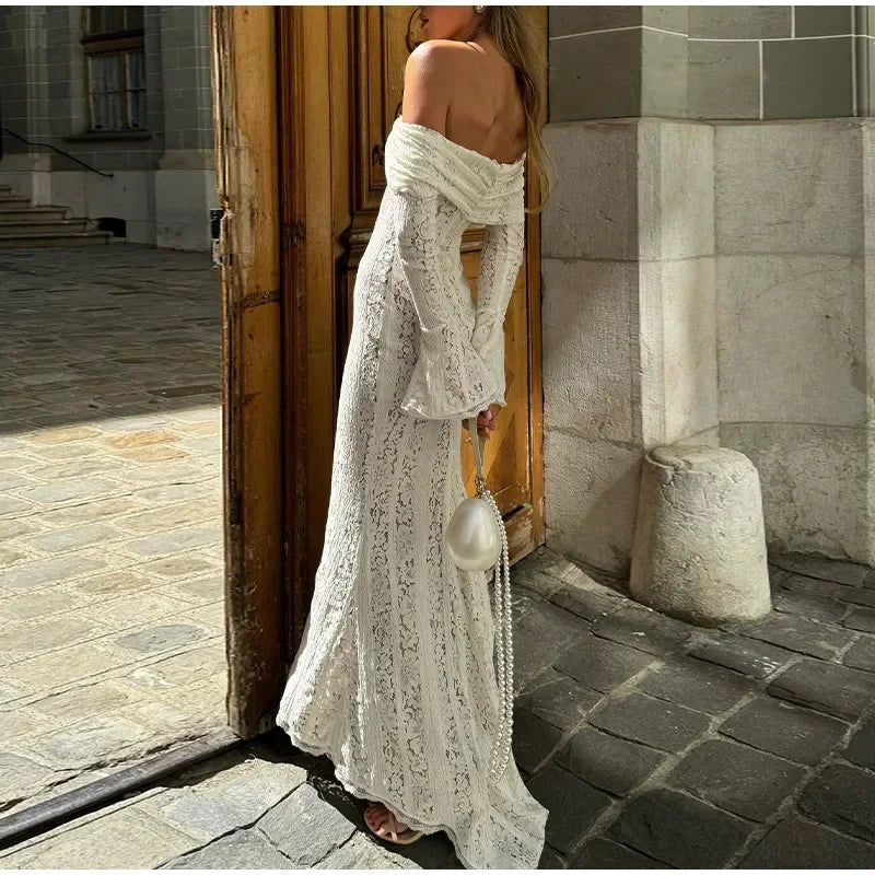 New! Women's Sexy White Luxury Long, Hollow Out Lace With Backless See-Through Slim Lace-Up Maxi Dress...