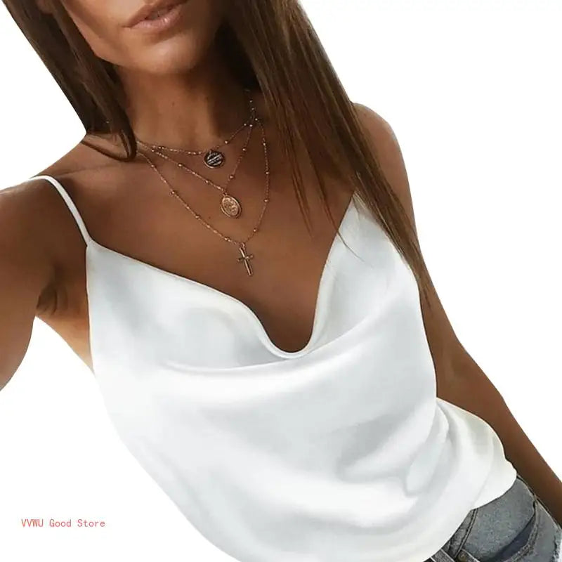 Women Strappy Plain Sling Vest Solid Color Cowl Neck Sleeveless Camisole