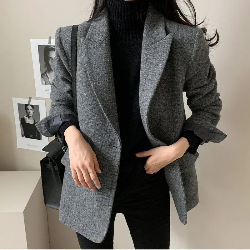 Women's Chic Wool Loose Vintage Long Sleeve Button Up Turn Down Collar Blazer Coats Jacket...
