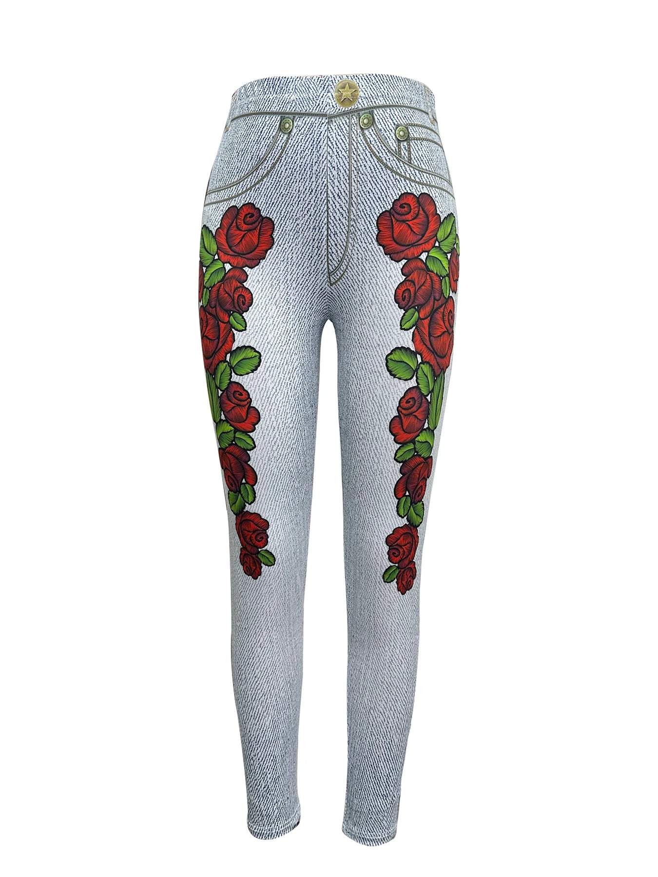 Women's New Sexy High-waisted Imitation Denim, Elastic Rose Nine-point Leggings...