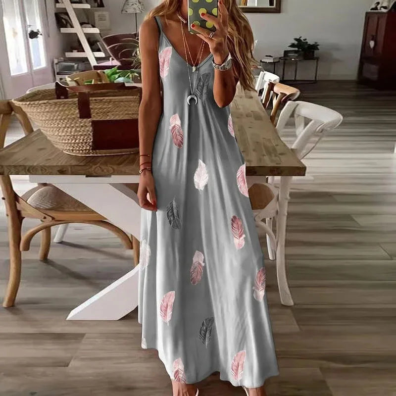 Hot Women's Sleeveless Slim Fit, Feather Print Low Cut Long Dress And V-Neck With Spaghetti Strap...
