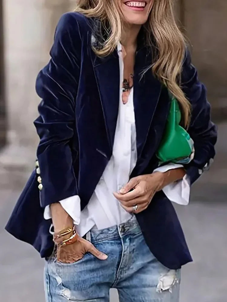 Women's Velour Single Button Solid Colors Long Sleeve Blazer Suit for Jacket...