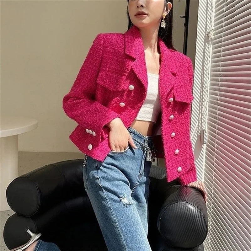 Women's New Autumn Long Sleeve Tweed Double-breasted Blazers Jacket...