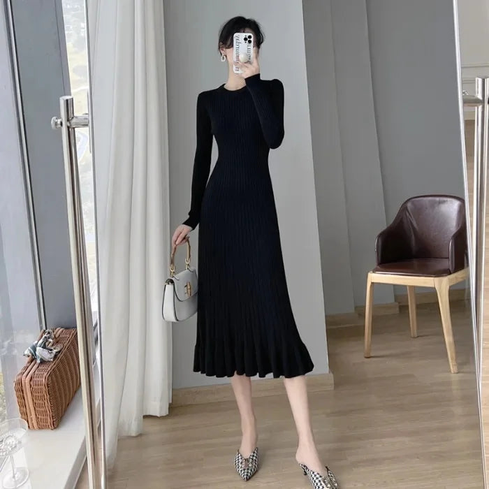 Women's Knit Long Knee-Length Ruffle Edge Fish Tail Dress Smooth Slimming Sweater Dress...