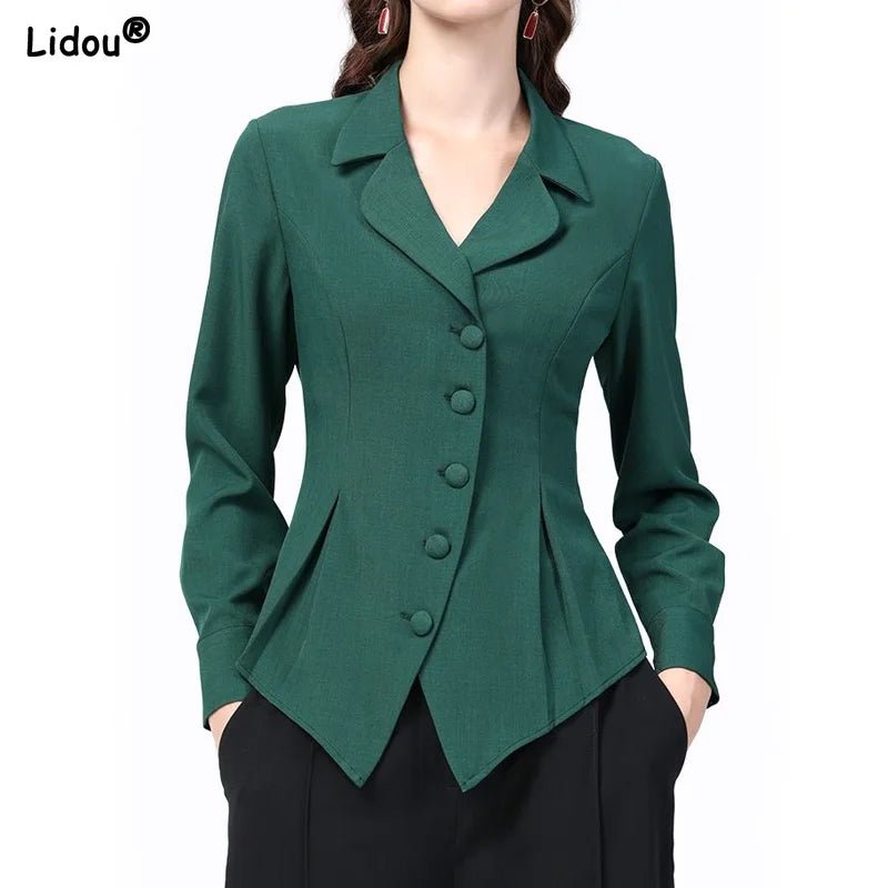 Women's Solid Color Notched Pleated Button Intellectual Graceful Elegant Thin Autumn Blazers...