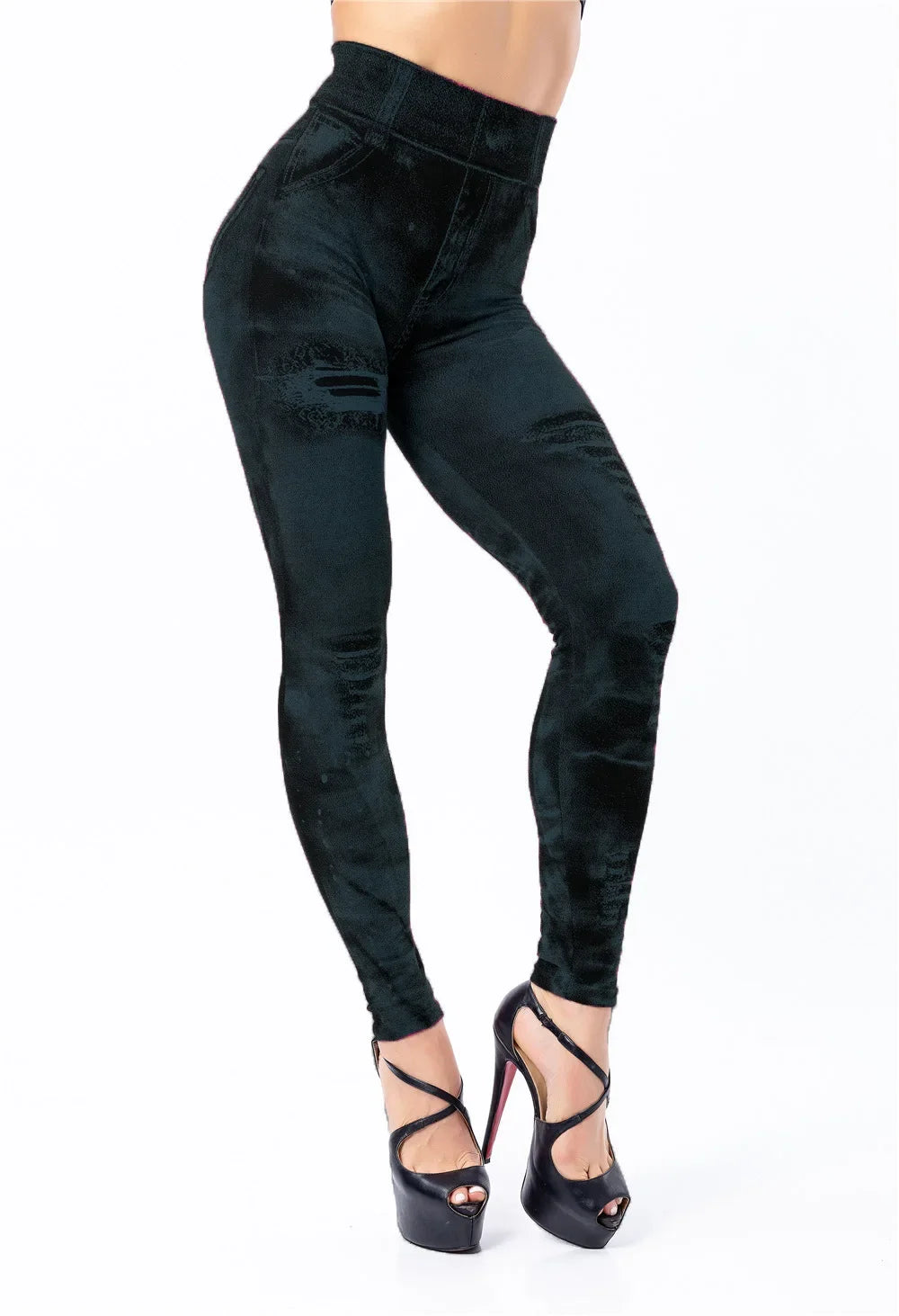 Women's Imitation Distressed Denim Jeans High Waist Leggings...