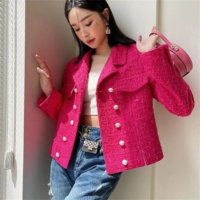 Women's New Autumn Long Sleeve Tweed Double-breasted Blazers Jacket...
