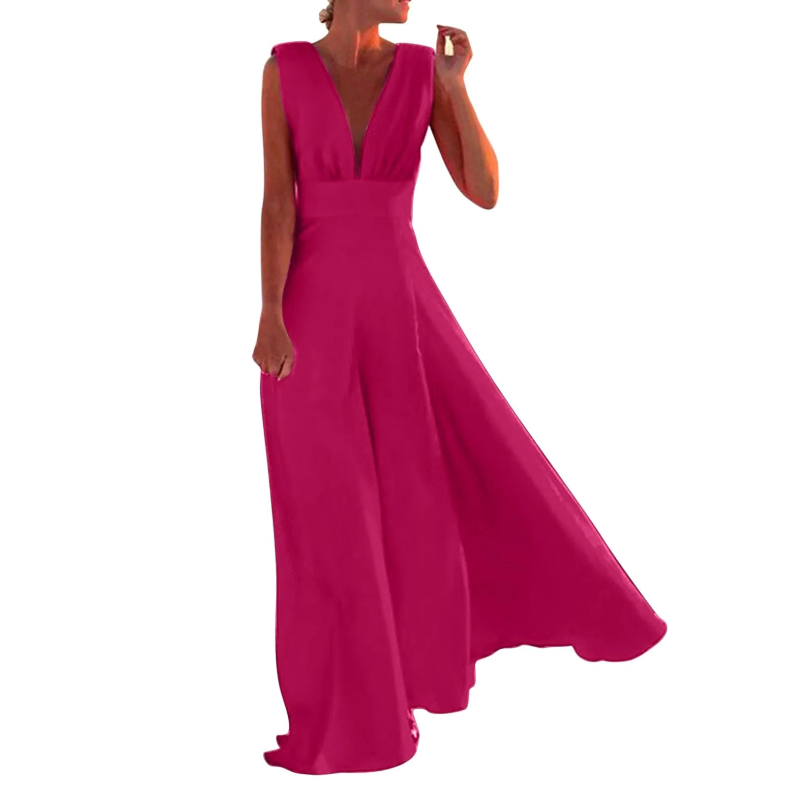 Women's Beautiful Pink A Line V Neck Sleeveless, High Waist, Elegant Holiday Long Dresses...........................