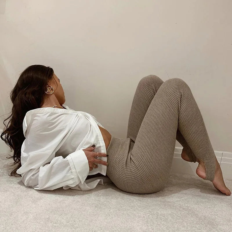 Women's High Waist Elastic Breathable Knitted Tight  Gym Running Yoga Slim Leggings Pants...