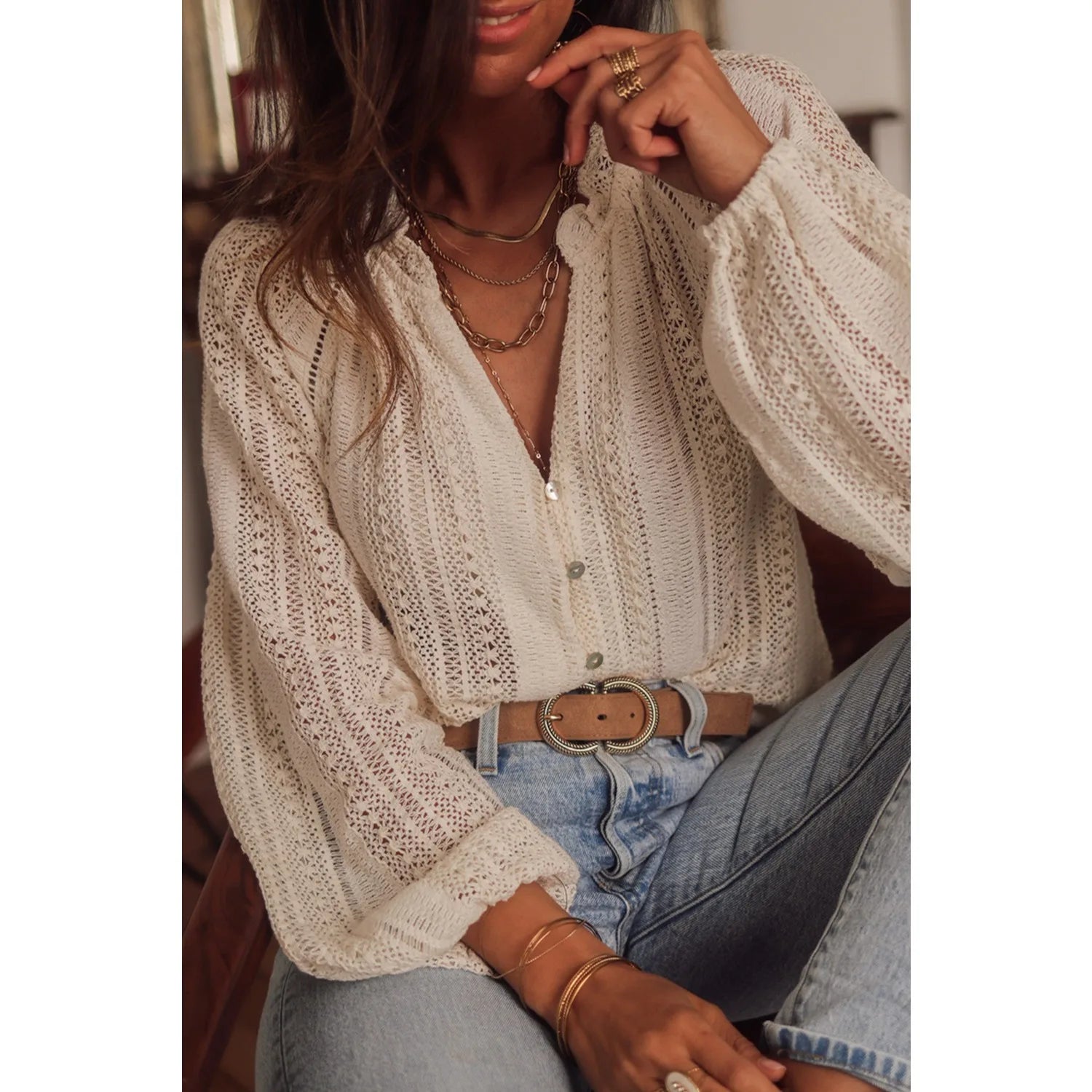 Women's Elegant Boho Casual Vintage Long Sleeve Summer Beach Hollow Out Lace Blouse...