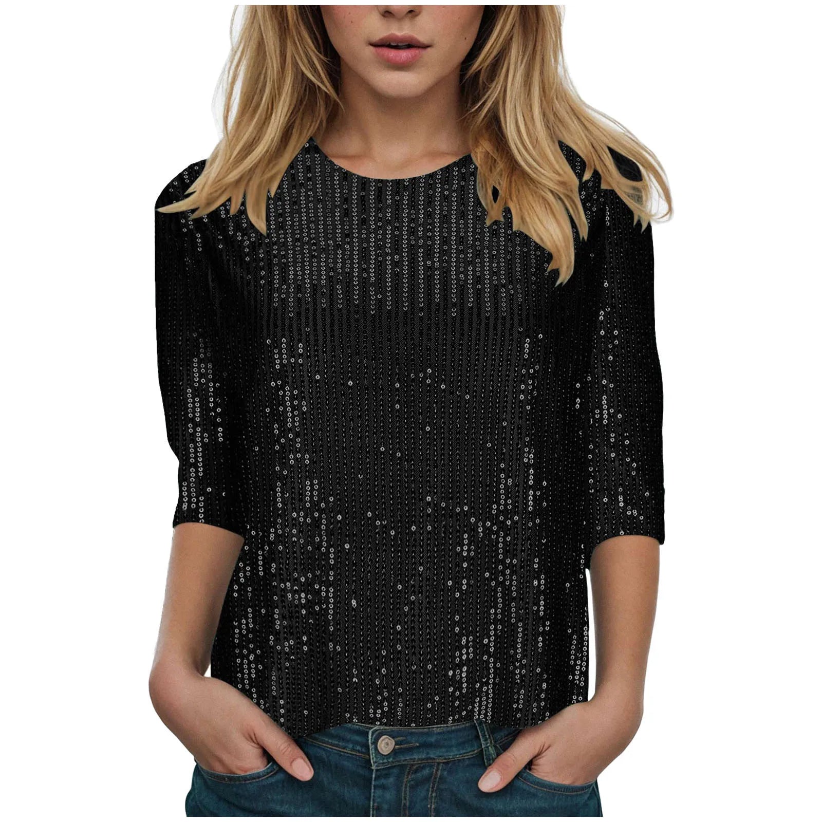 Women's Casual Shiny Sequins Round Neck Quarter Sleeve Glitter Loose Shirts Clubwear Shirt...
