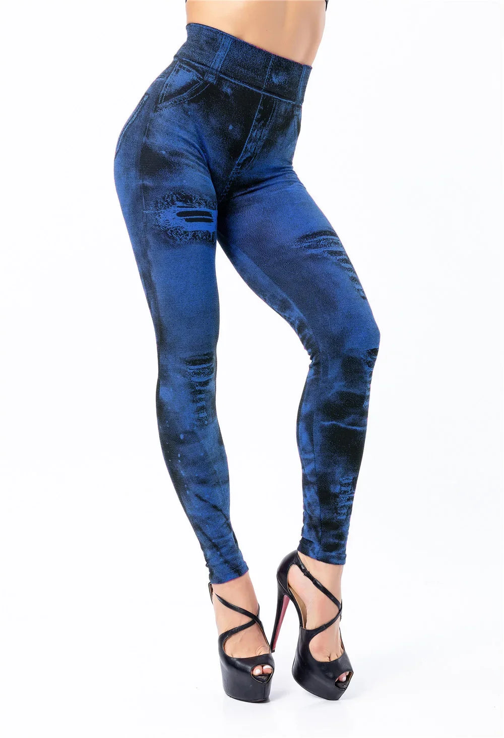 Women's Imitation Distressed Denim Jeans High Waist Leggings...
