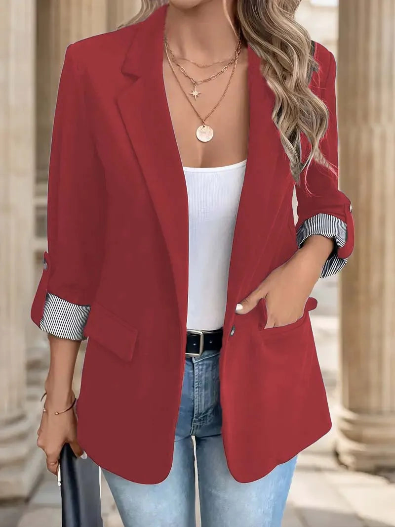 Women's fashionable casual button-up slim fit, seven-quarter rolled sleeve suit jacket...
