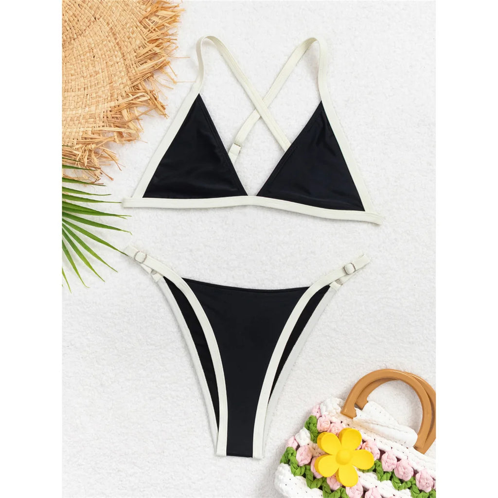 Womens V Neck Cross Back Two-pieces High Leg Cut, Padded Top Bikini Swimwear set