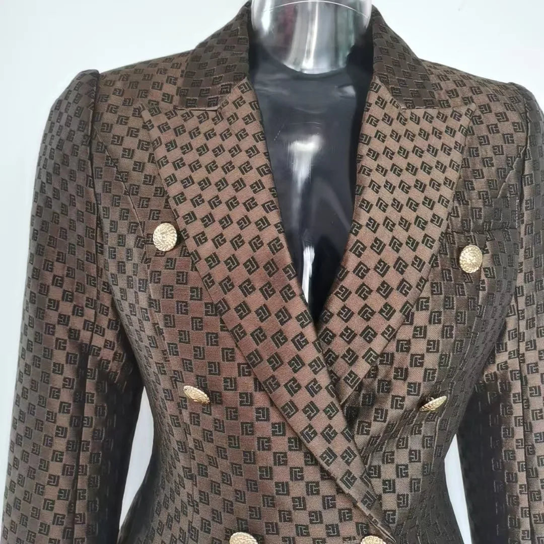 Women's Dark Brown Eight-Button Shoulder Pad Waist Cinching Fashion Blazer Jacquard...