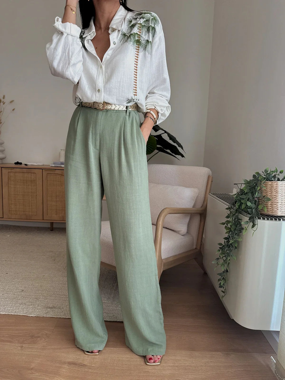 Womens Long Sleeved Shirt With Loose Thin Wide Leg Pants and Printed Lapel A Niche Design  Blouse Suits